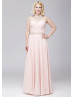 Beaded Blush Pink Chiffon Cutout Back Flowy Prom Dress